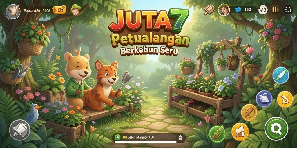 Tampilan gameplay menarik di JUTA7 dengan kebun penuh tanaman.