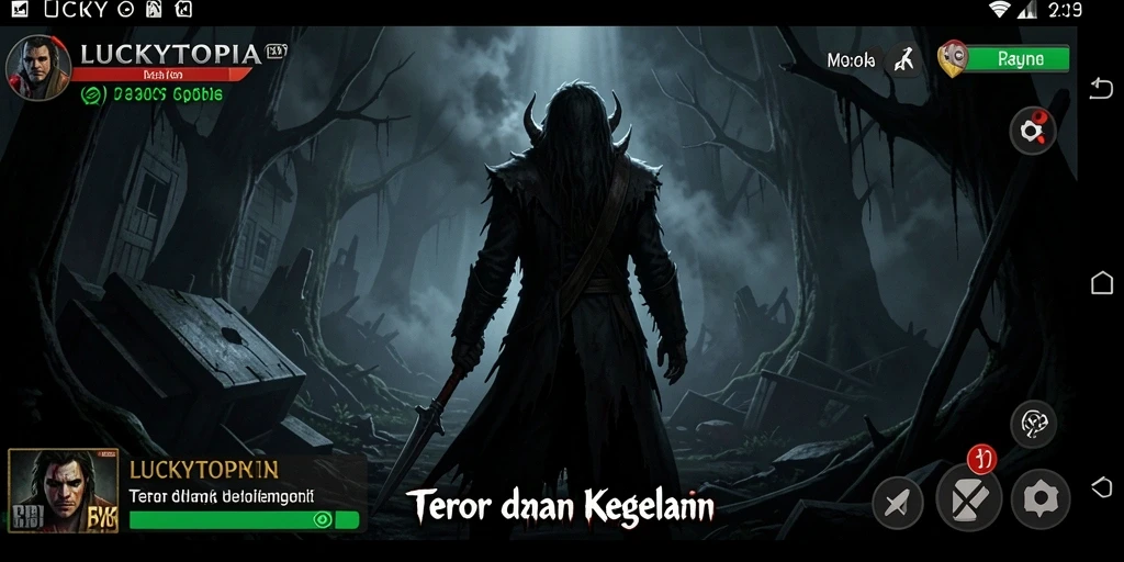 Screenshot utama LUCKYTOPIA menampilkan lingkungan menyeramkan dan gameplay yang menegangkan.