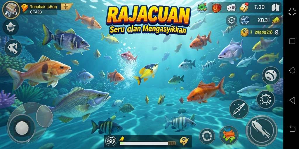 Screenshot gameplay menunjukkan aksi menembak ikan yang seru dalam RAJACUAN.